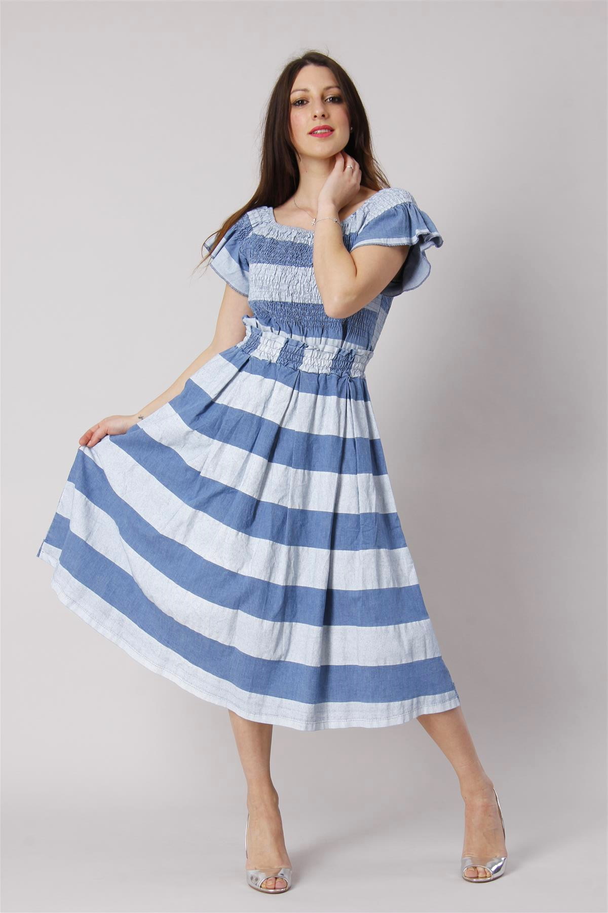 Italian wholesale — blue white striped midi dress, smocked bodice