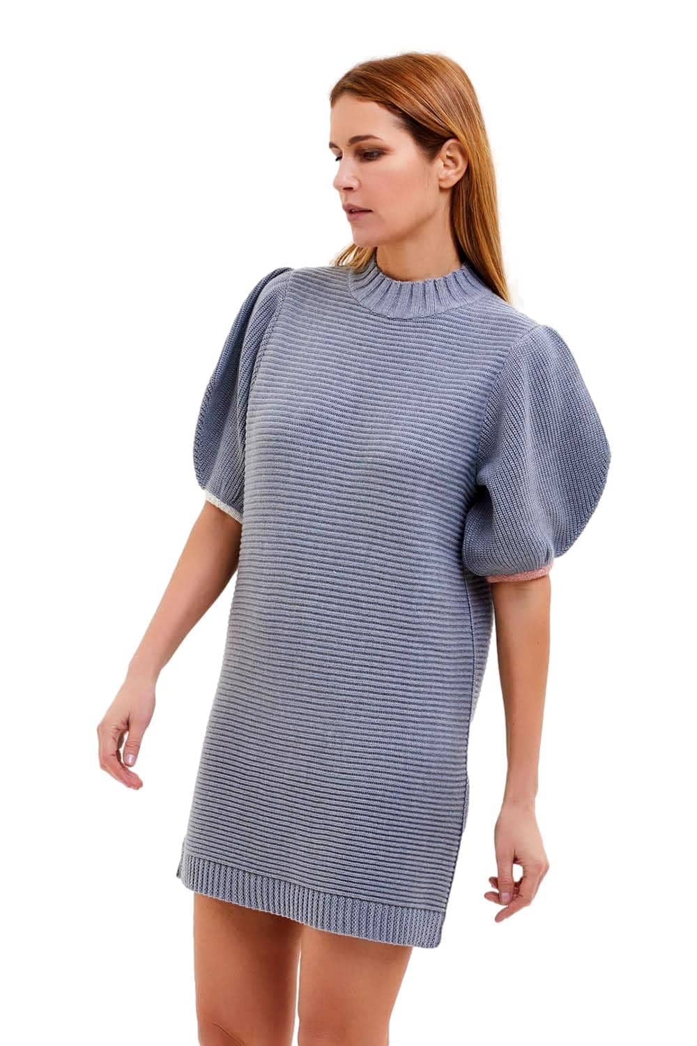 Italian knitwear wholesale — ribbed sweater dress with puff sleeves